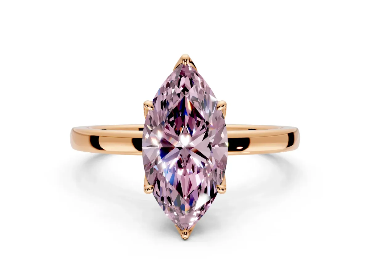 Solitaire Engagement Ring Setting for Fancy Pink Marquise Center with Thin Rounded Plain Band and Prong Head in Rose Gold