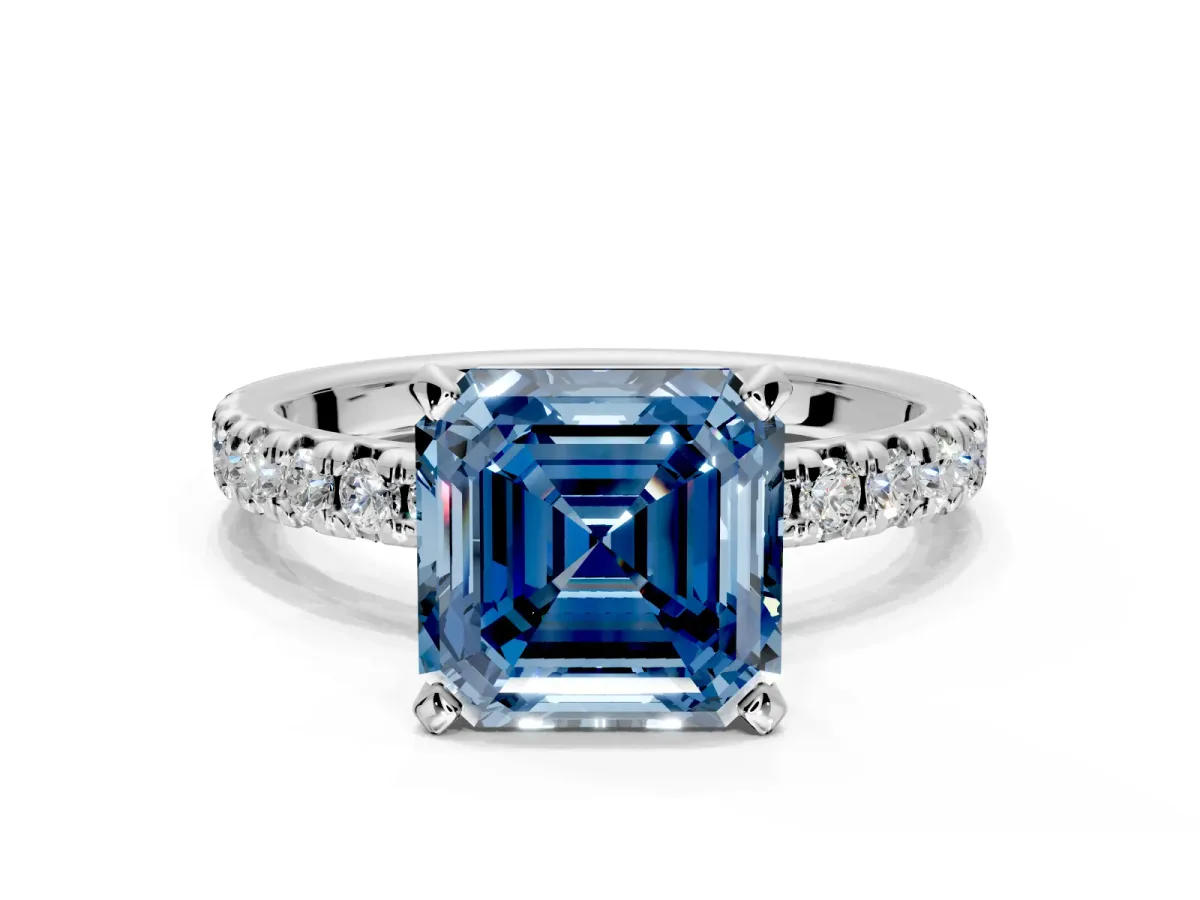 Solitaire Engagement Ring Setting for Fancy Blue Asscher Cut Center with Large Accents and Prong Head in Platinum