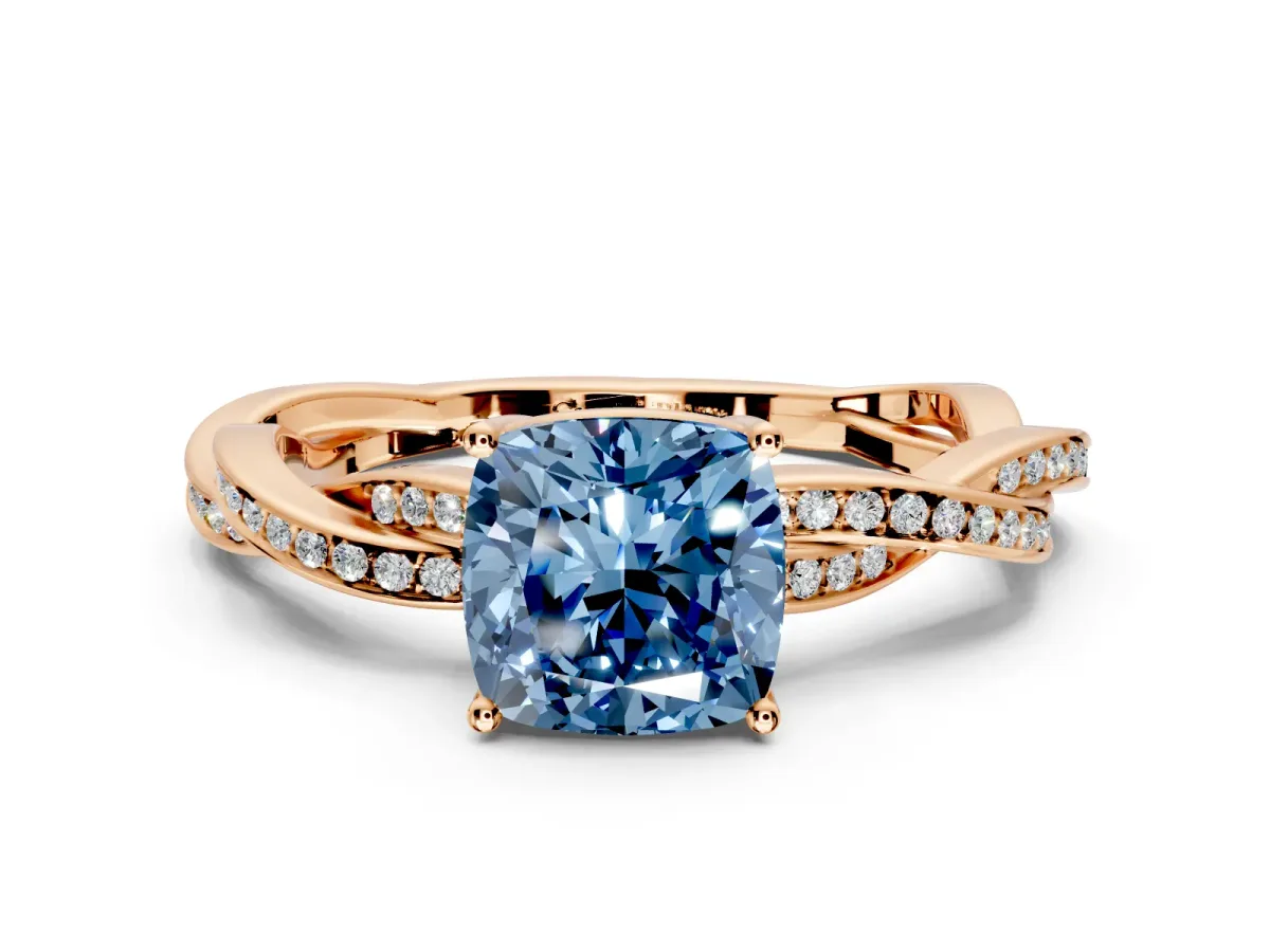 Solitaire Engagement Ring Setting for Fancy Blue Cushion Cut Center with Twisted Pave Band and Prong Head in Rose Gold