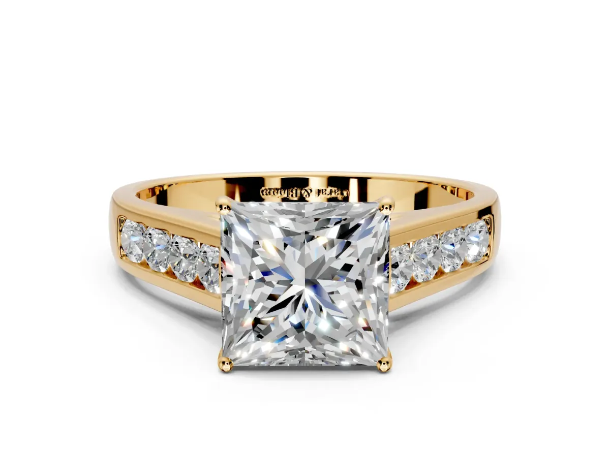 Solitaire Engagement Ring Setting for Princess Cut Center with Cathedral Channel Band and Prong Head in Yellow Gold