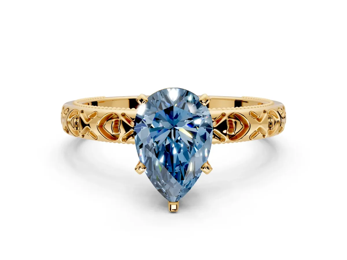 Solitaire Engagement Ring Setting for Fancy Blue Pear-Shaped Center with XO Engraved Band and Prong Head in Yellow Gold