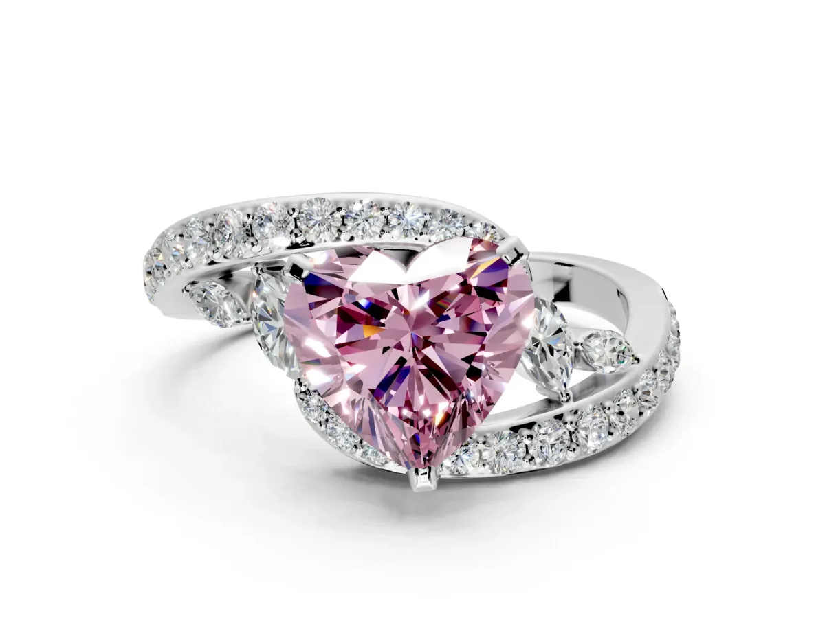 Solitaire Engagement Ring Setting for Fancy Pink Heart-Shaped Center with Pave Bypass Twist Band and Prong Head in White Gold