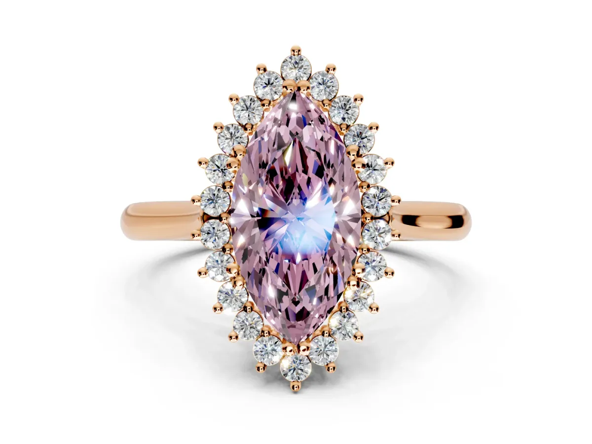 Starburst Halo Engagement Ring Setting for Fancy Pink Marquise Center with Thin Round-Wire Band and Prong Head in Rose Gold