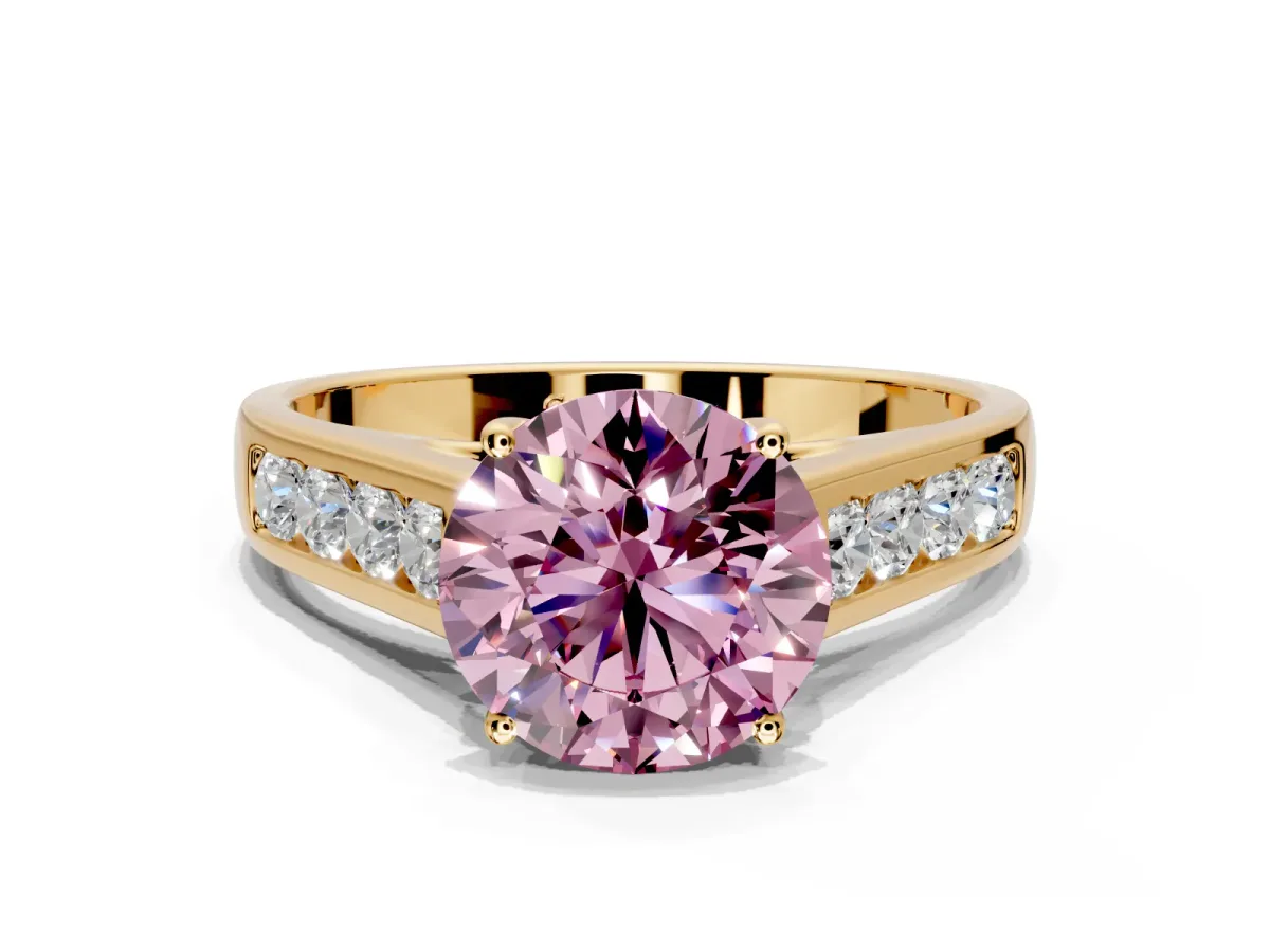 Solitaire Engagement Ring Setting for Fancy Pink Round Cut Center with Cathedral Channel Band and Prong Head in Yellow Gold
