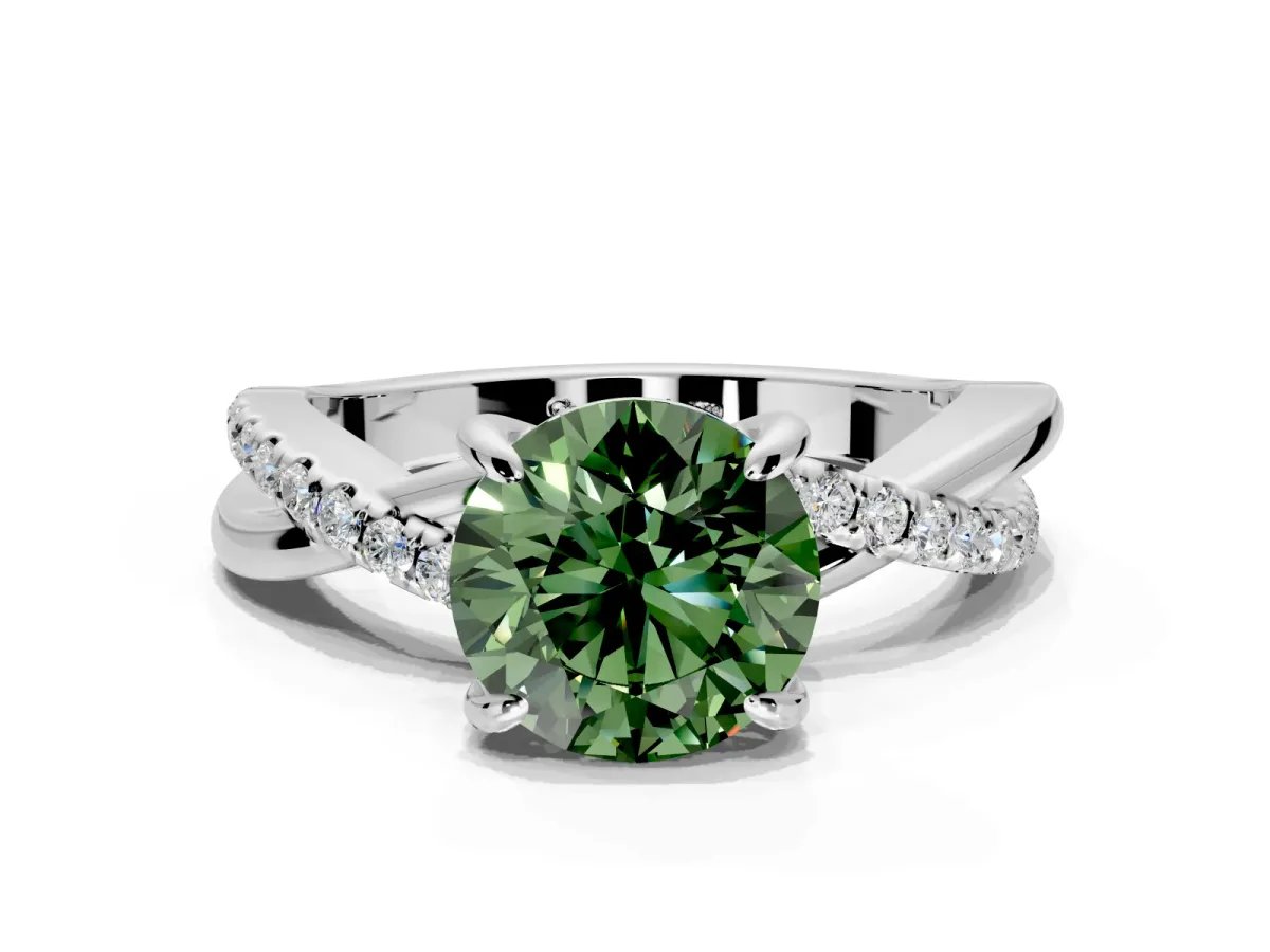 Solitaire Engagement Ring Setting for Fancy Green Round Cut Center with Half-Pave Crossover Band and Prong Head in Platinum