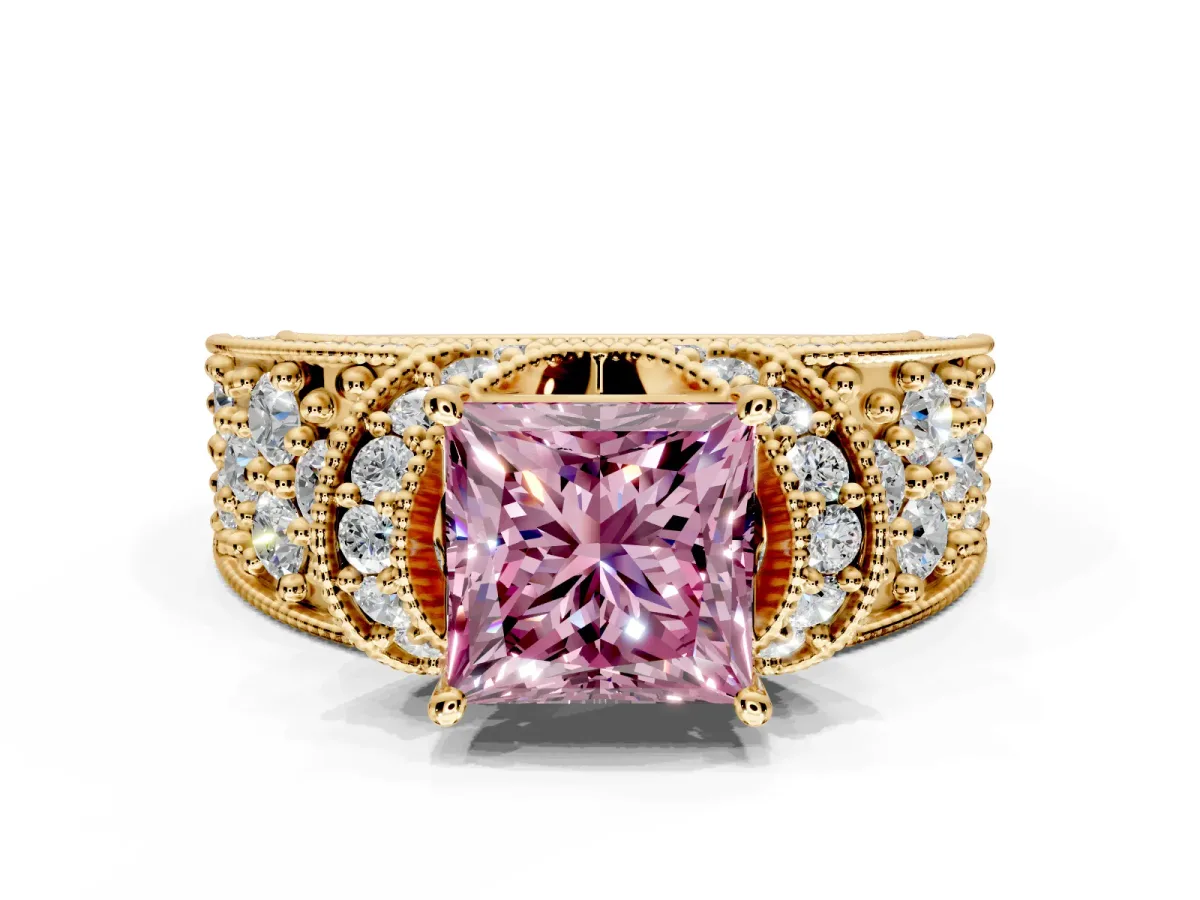 Pave Engagement Ring Setting for Fancy Pink Princess Cut Center with Curved Accent Rows, Openwork and Prong Head in Yellow Gold