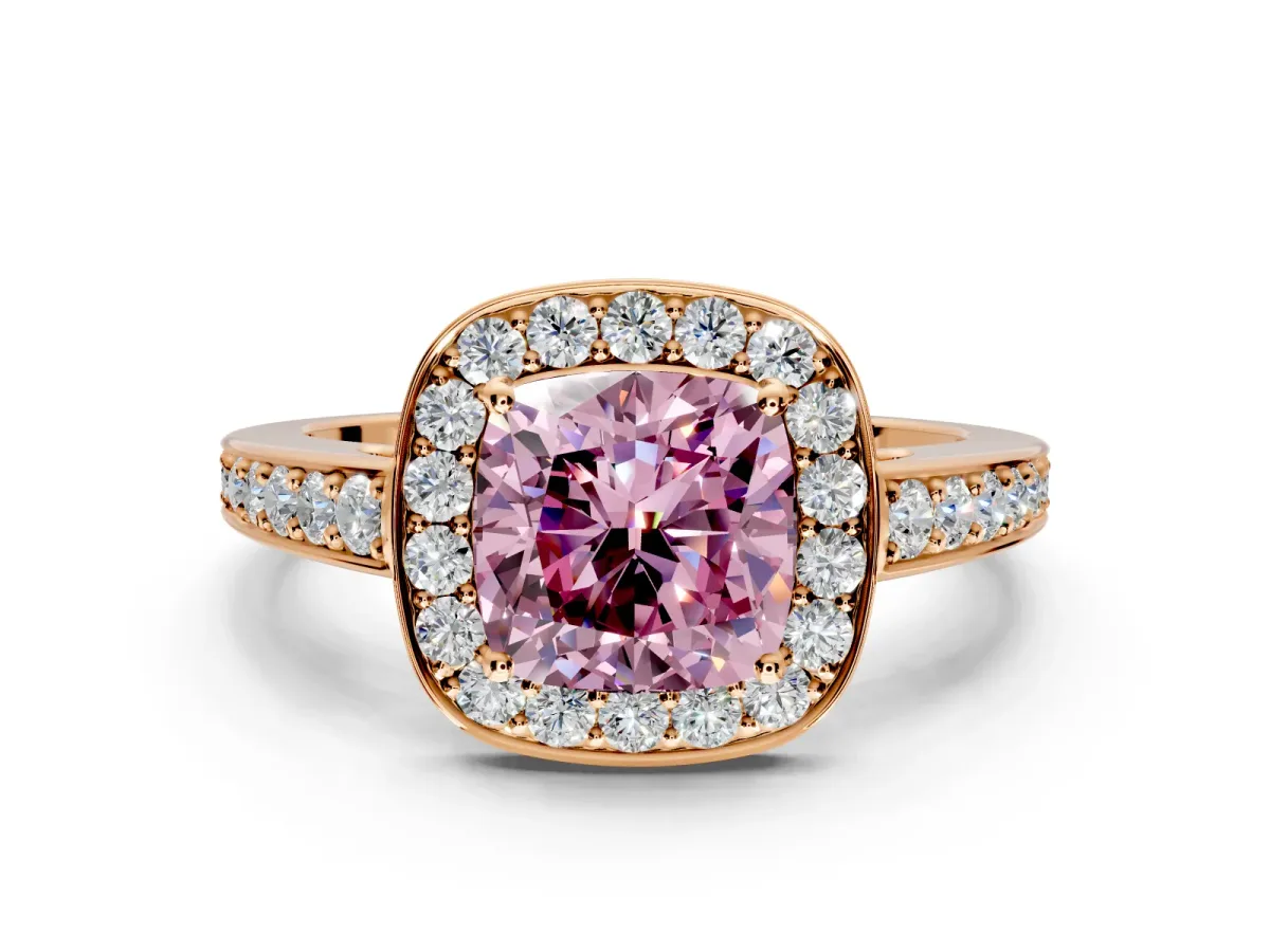 Bezel-Framed Halo Engagement Ring Setting for Fancy Pink Cushion Cut Center with Pave Band and Prong Head in Rose Gold