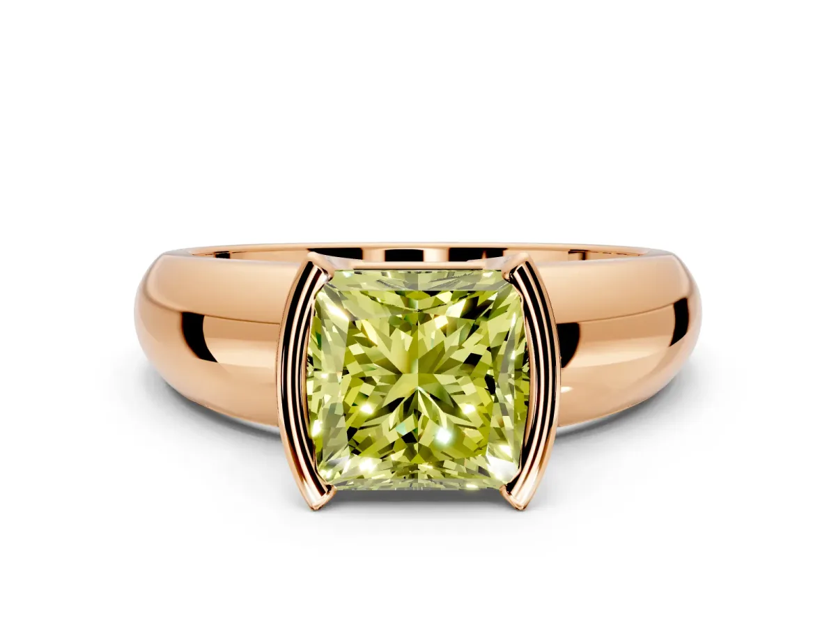 Tension Engagement Ring Setting for Fancy Yellow Princess Cut Center with Wide Flat Band and Tension Head in Rose Gold