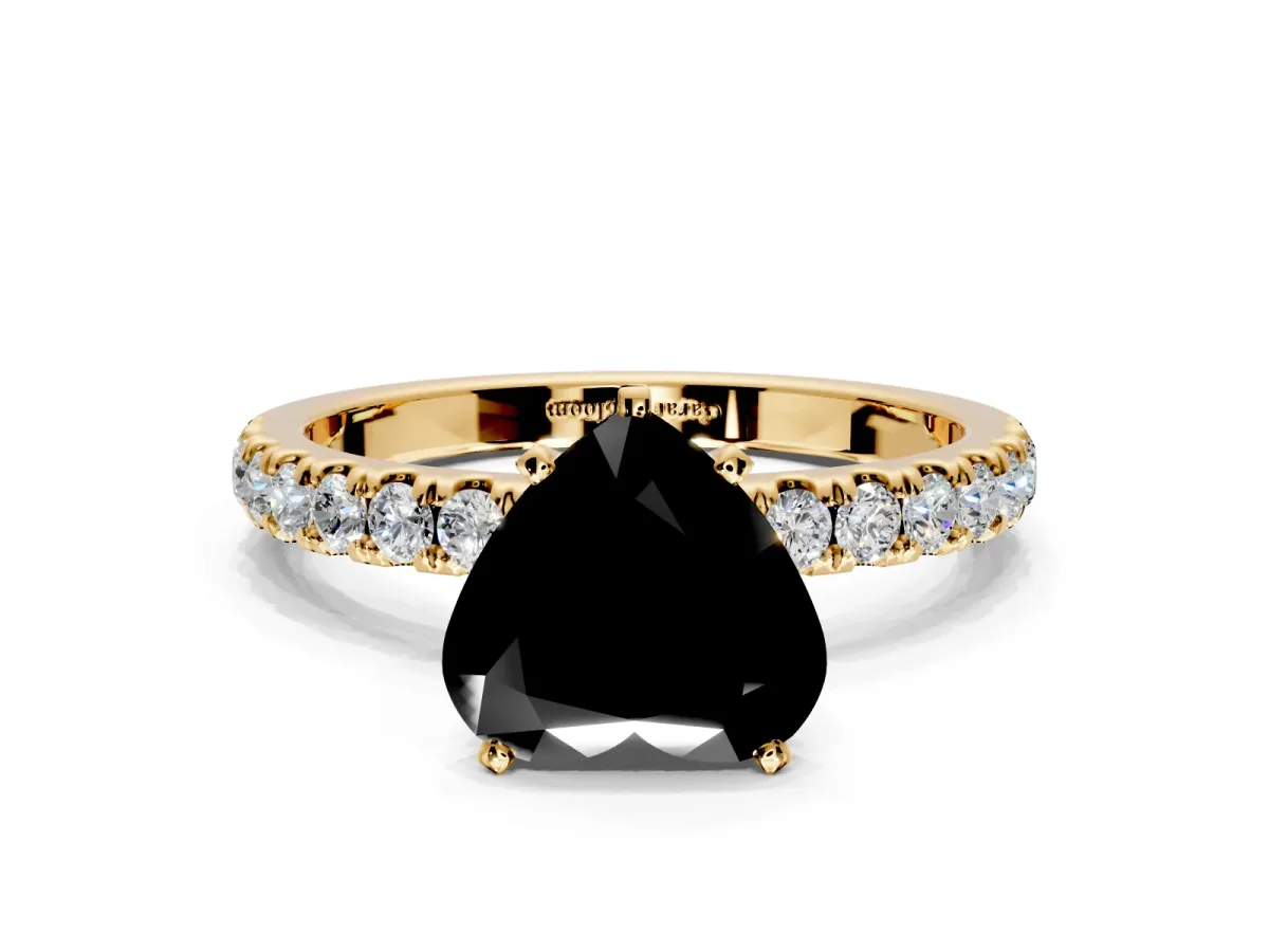Open Basket Engagement Ring Setting for Fancy Black Heart-Shaped Center with Pave Band and Prong Head in Yellow Gold