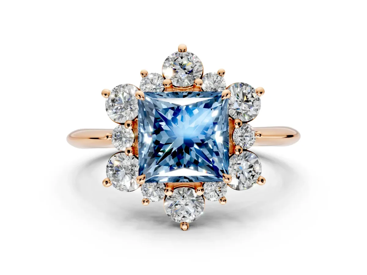 Small-Accent Cluster Halo Engagement Ring Setting for Fancy Blue Princess Cut Center with Plain Band and Prong Head in Rose Gold