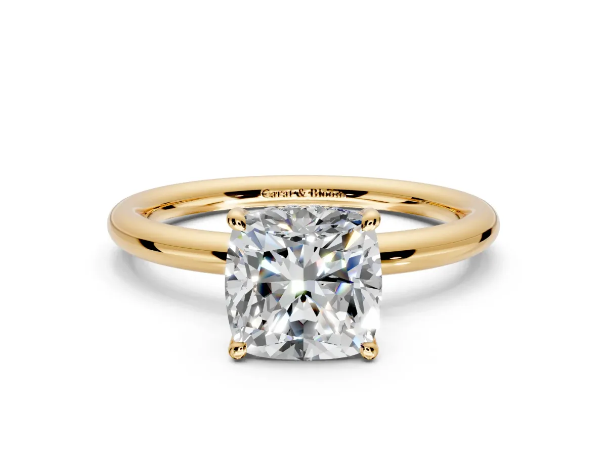 Hidden Halo Engagement Ring Setting for Cushion Cut Center with Thin Rounded Band and Prong Head in Yellow Gold