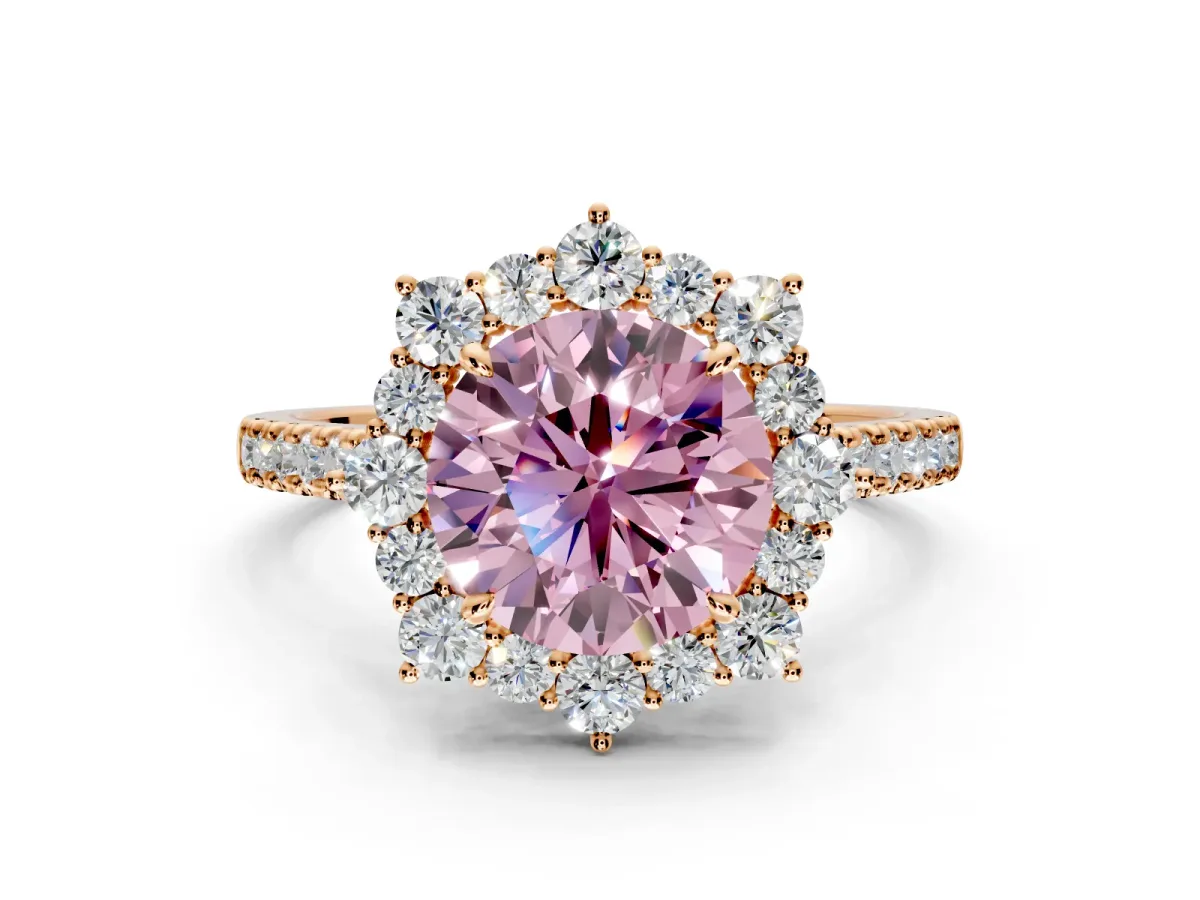 Halo Engagement Ring Setting for Fancy Pink Round Cut Center with Single-Row Pave, Open Basket and Prong Head in Rose Gold