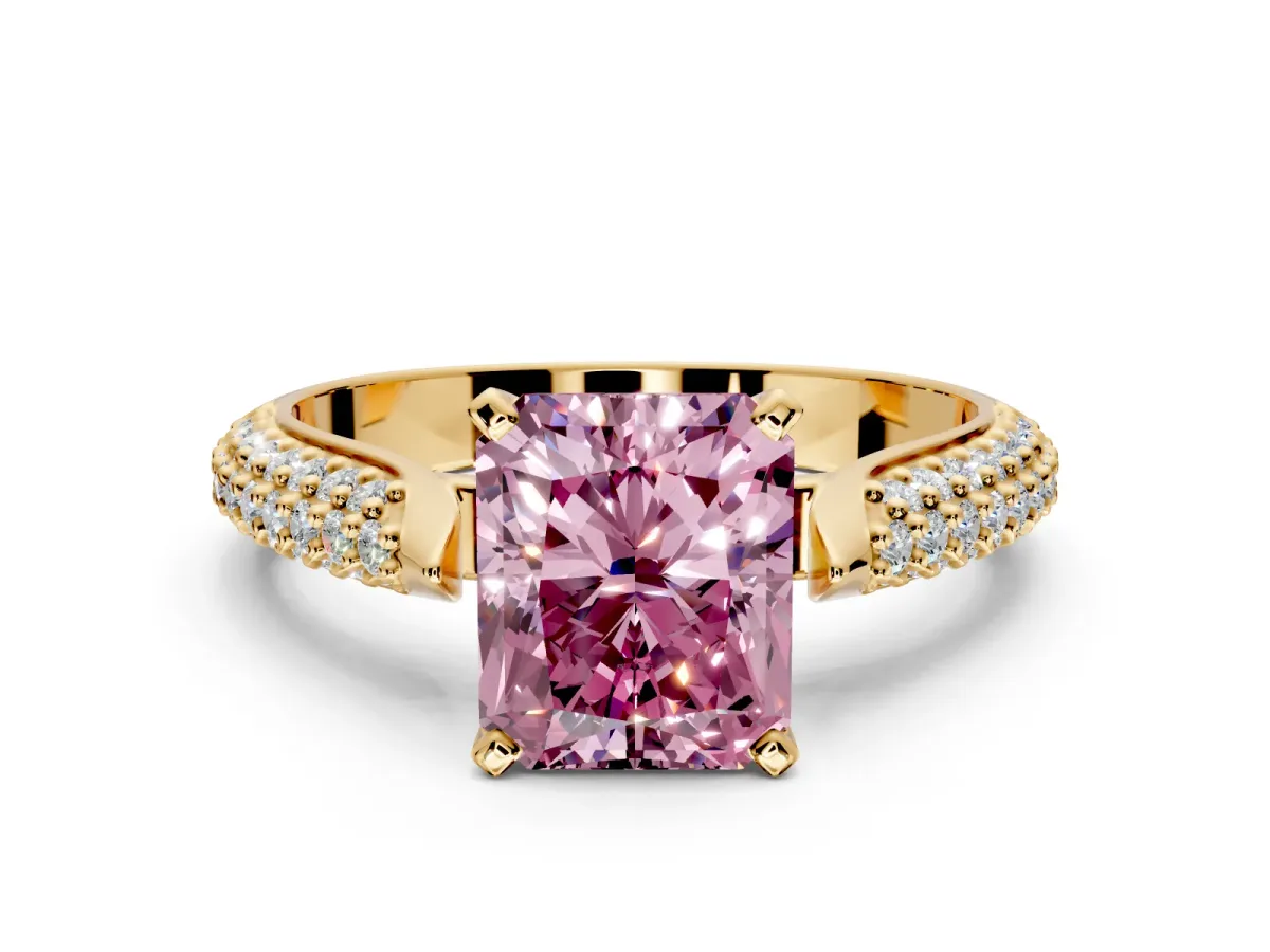 Solitaire Engagement Ring Setting for Fancy Pink Radiant Cut Center with Multi-Row Accents and Prong Head in Yellow Gold