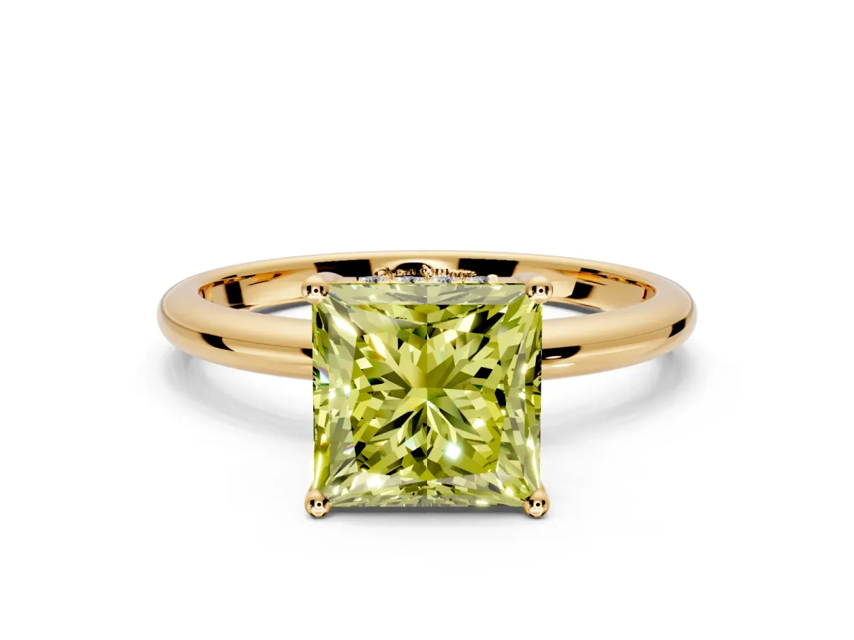 Hidden Halo Engagement Ring Setting for Fancy Yellow Princess Cut Center with Thin Round-Wire Band and Prong Head in Yellow Gold