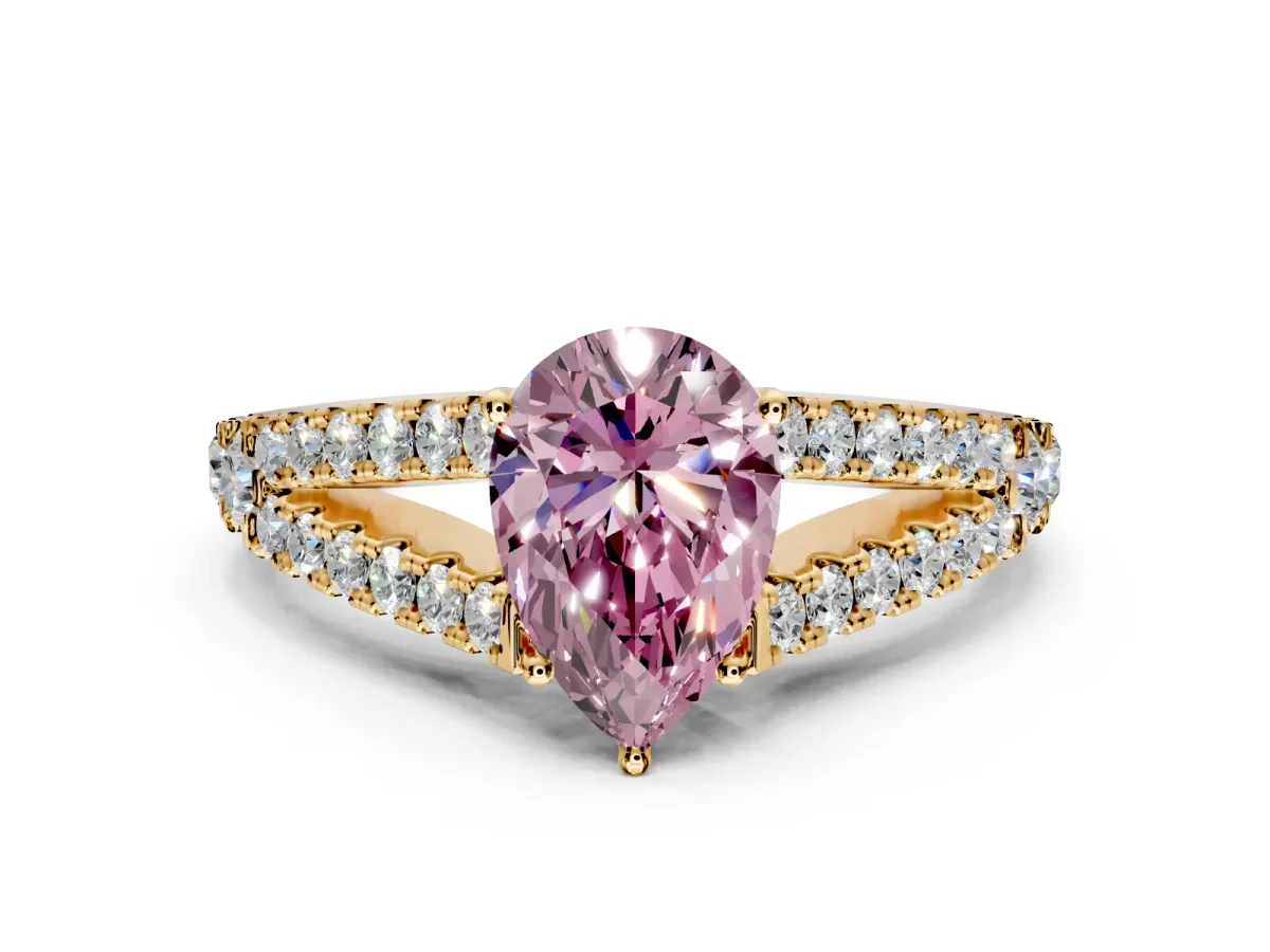 Solitaire Engagement Ring Setting for Fancy Pink Pear-Shaped Center with Pave Split Shank and Prong Head in Yellow Gold