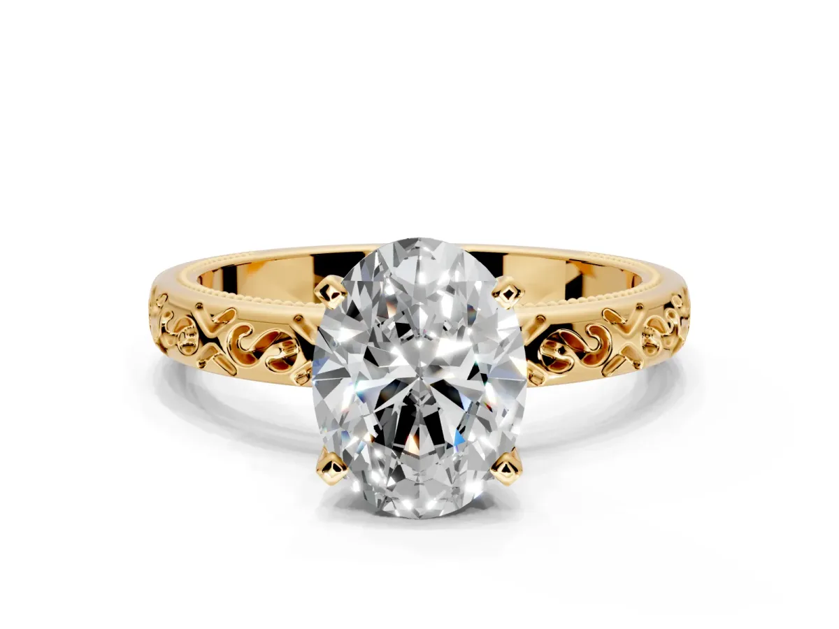 Solitaire Engagement Ring Setting for Oval Center with Scrollwork Band and Prong Head in Yellow Gold