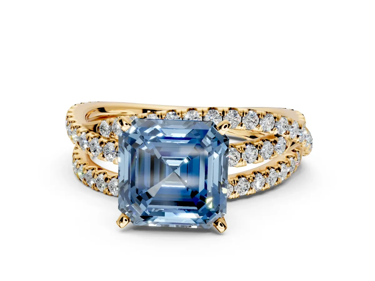 Solitaire Engagement Ring Setting for Fancy Blue Asscher Cut Center with Woven 3-Strand Pave Band and Prong Head in Yellow Gold