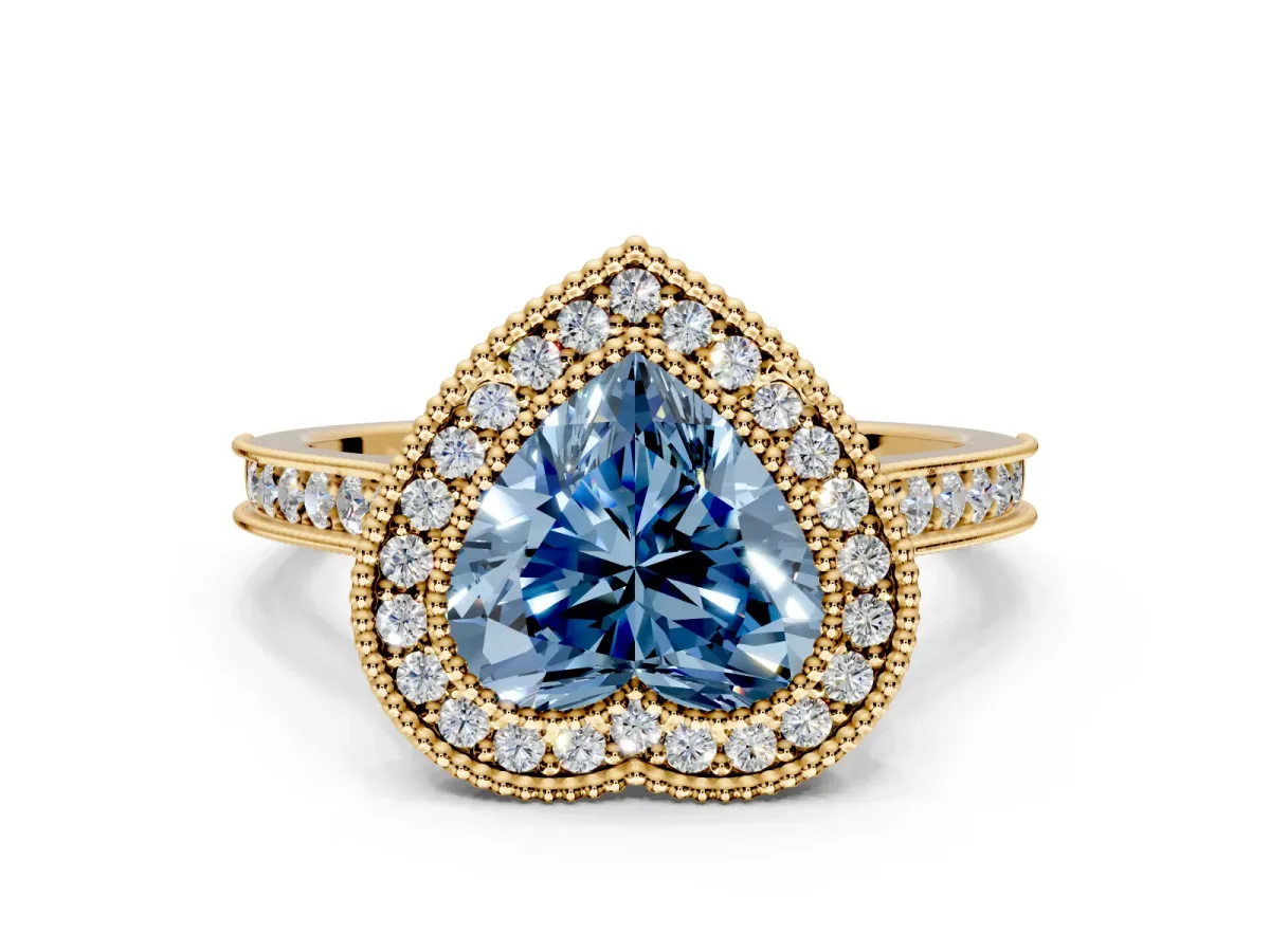 Halo Engagement Ring Setting for Fancy Blue Heart-Shaped Center with Milgrain Pave Band and Bezel Head in Yellow Gold