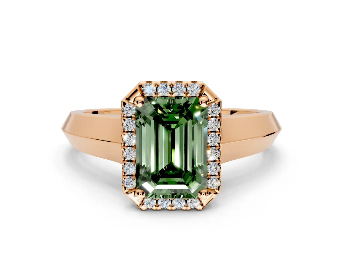 Halo Engagement Ring Setting for Fancy Green Emerald Cut Center with Knife Ridge Cathedral Band and Prong Head in Rose Gold