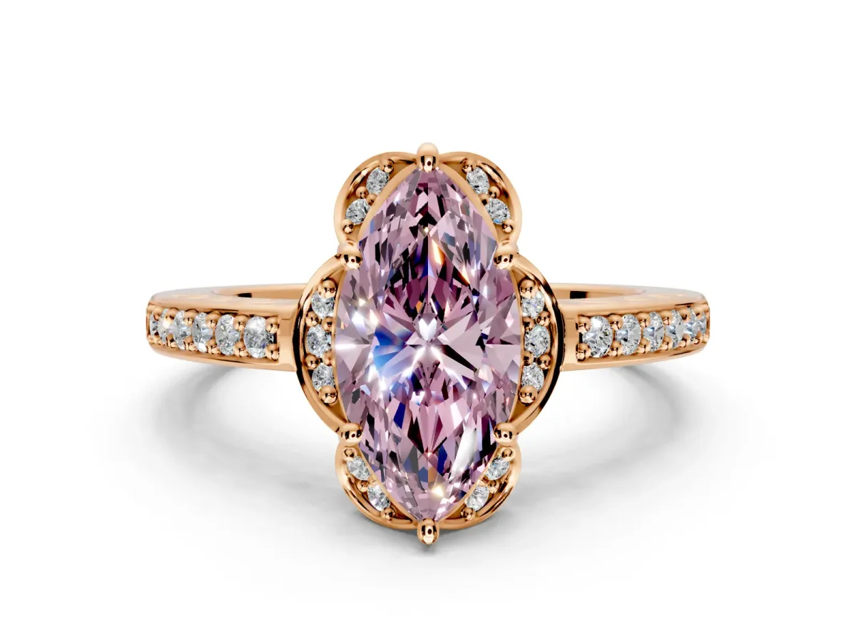 Floral Engagement Ring Setting for Fancy Pink Marquise Center with Four Accent Clusters and Prong Head in Rose Gold