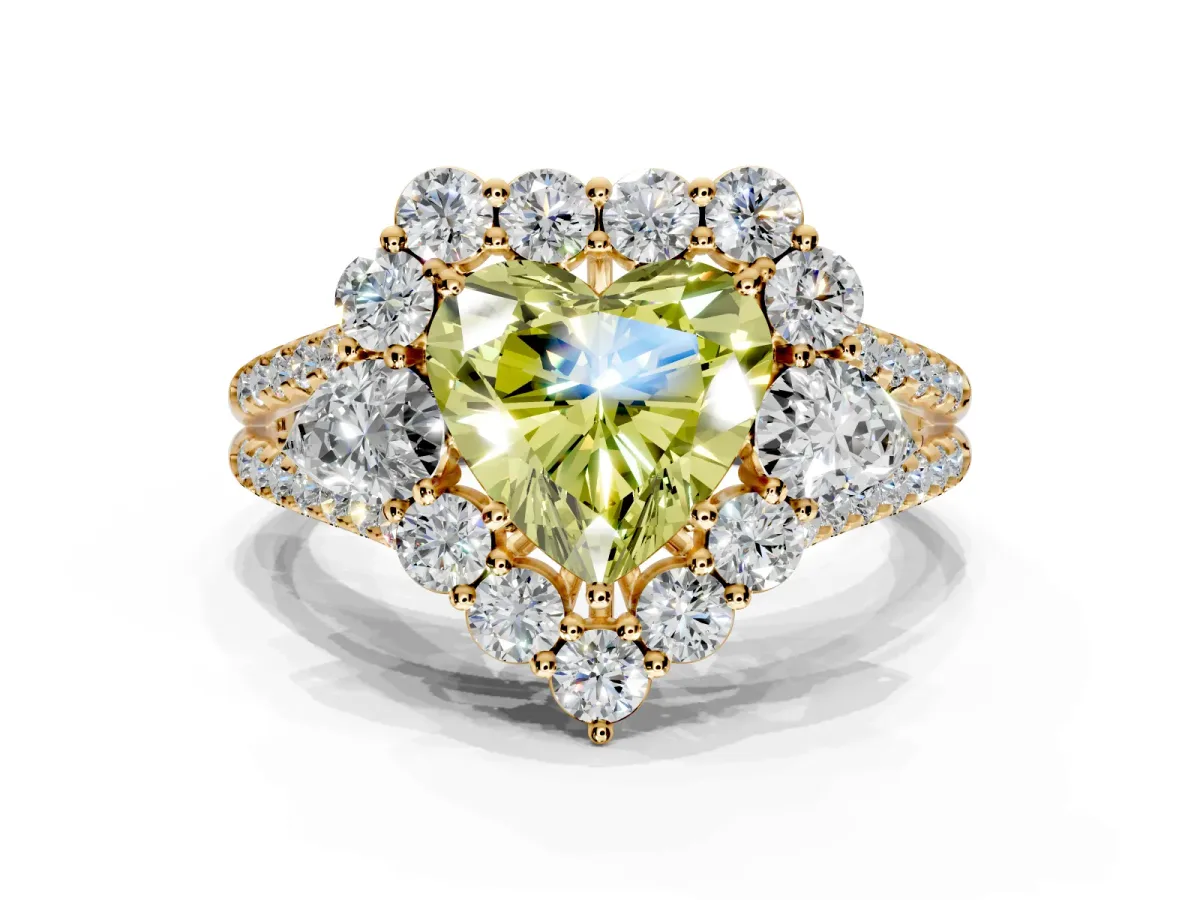 Halo Engagement Ring Setting for Fancy Yellow Heart-Shaped Center with Two-Strand Split Shank and Prong Head in Yellow Gold