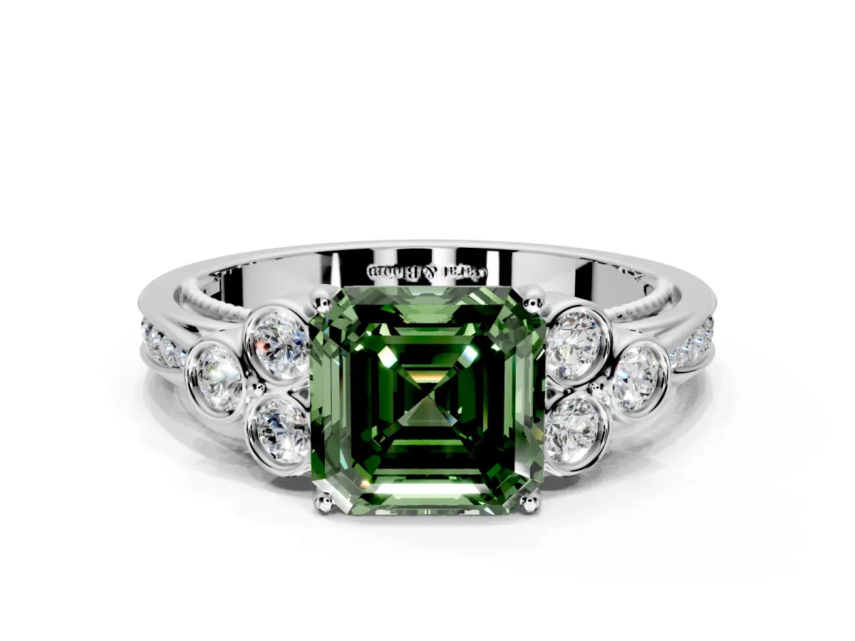 Cluster Engagement Ring Setting for Fancy Green Asscher Cut Center with Bezel Accent Clusters and Prong Head in Platinum