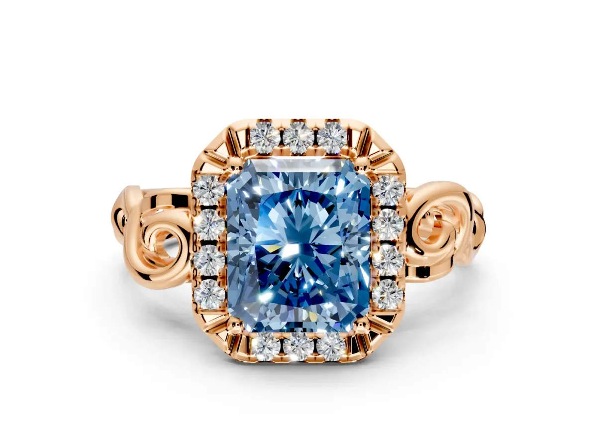 Halo Engagement Ring Setting for Fancy Blue Radiant Cut Center with Open Scroll Shoulders and Prong Head in Rose Gold