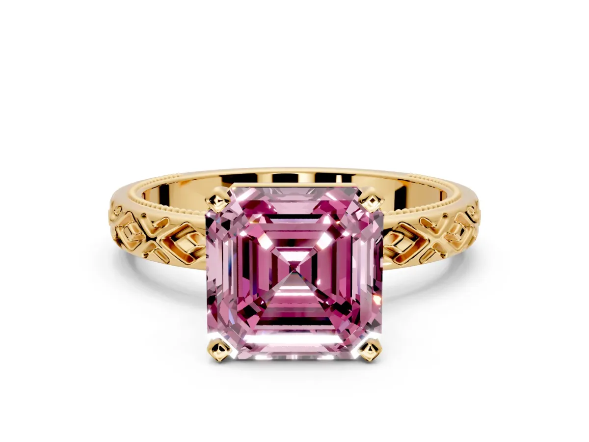 Solitaire Engagement Ring Setting for Fancy Pink Asscher Cut Center with Milgrain X Pattern Band and Prong Head in Yellow Gold
