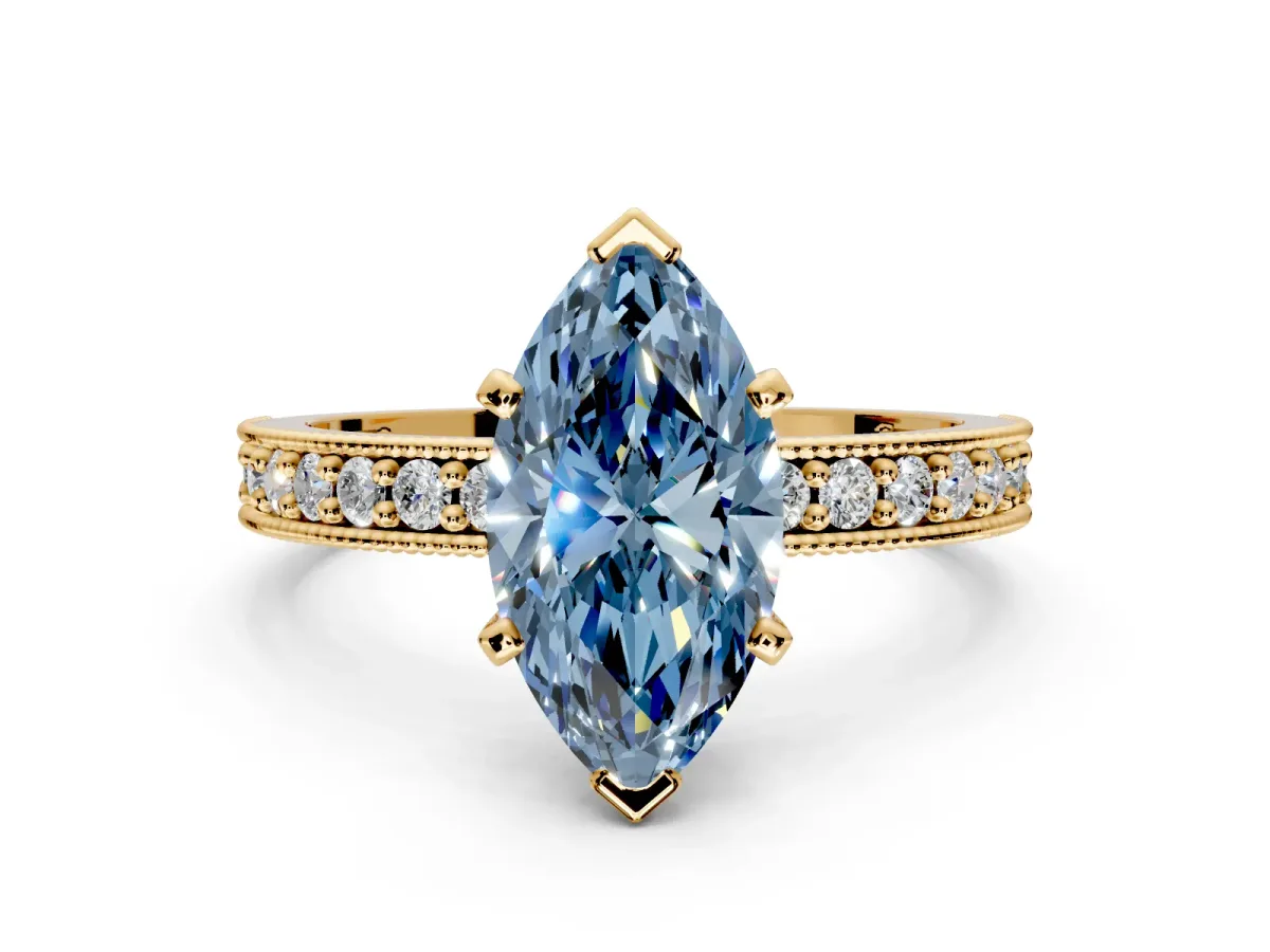 Milgrain Pave Engagement Ring Setting for Fancy Blue Marquise Center with Accent Band and Prong Head in Yellow Gold