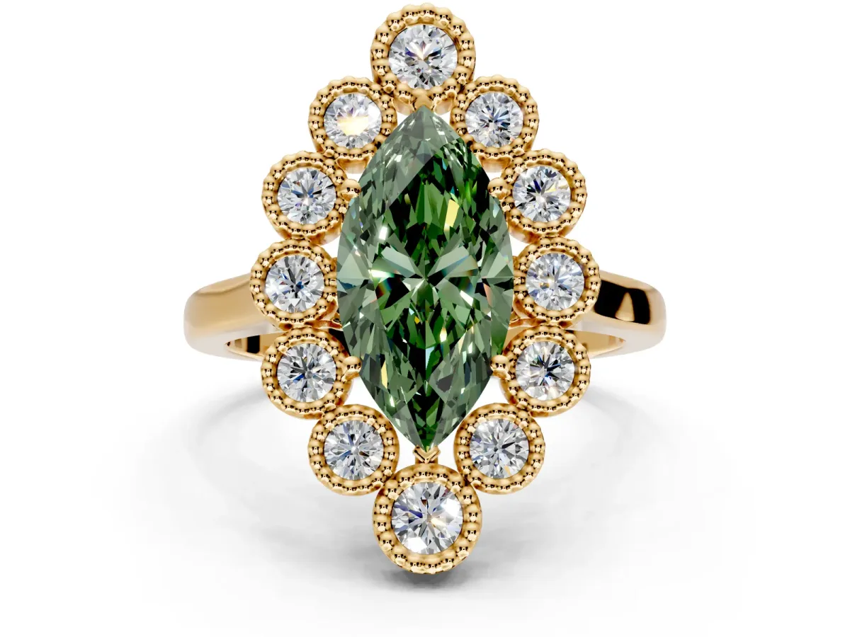 Cluster Halo Engagement Ring Setting for Fancy Green Marquise Center with Milgrain Bezel Accents and Prong Head in Yellow Gold
