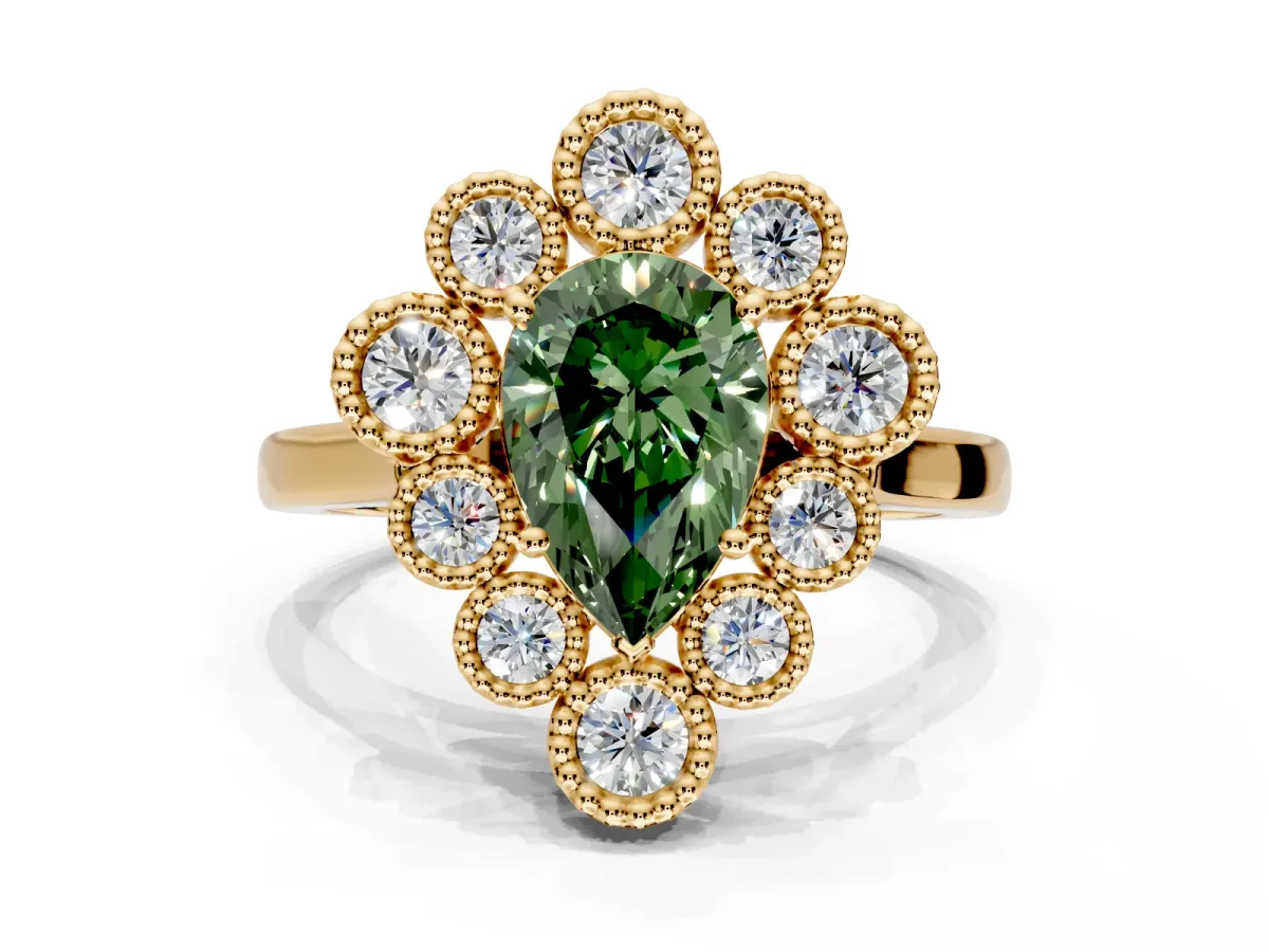 Cluster Halo Engagement Ring Setting for Fancy Green Pear-Shaped Center with Milgrain Bezel Accents and Prong Head in Yellow Gold