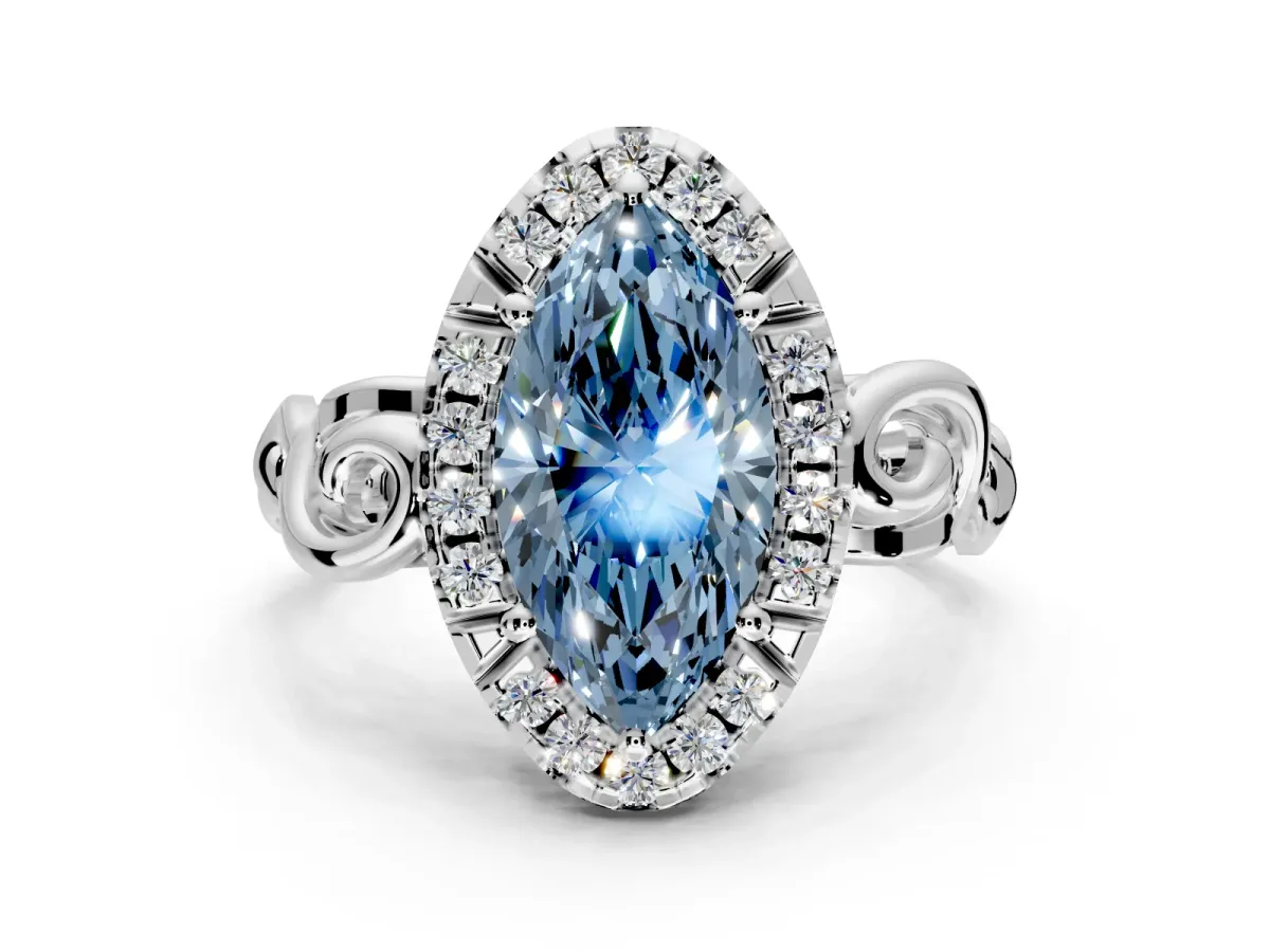Halo Engagement Ring Setting for Fancy Blue Marquise Center with Open Scroll Shoulders and Prong Head in Platinum