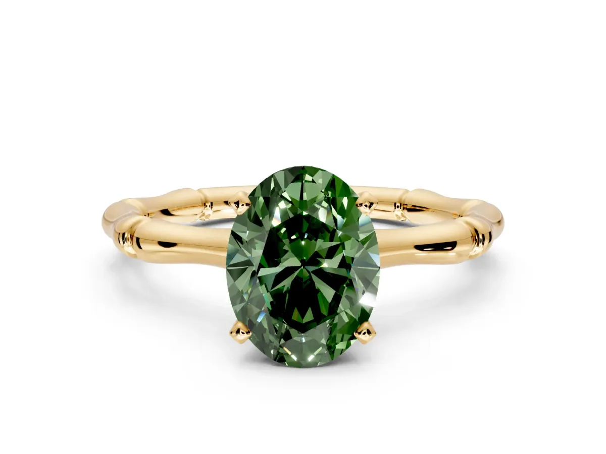 Solitaire Engagement Ring Setting for Fancy Green Oval Center with Bamboo Band and Prong Head in Yellow Gold