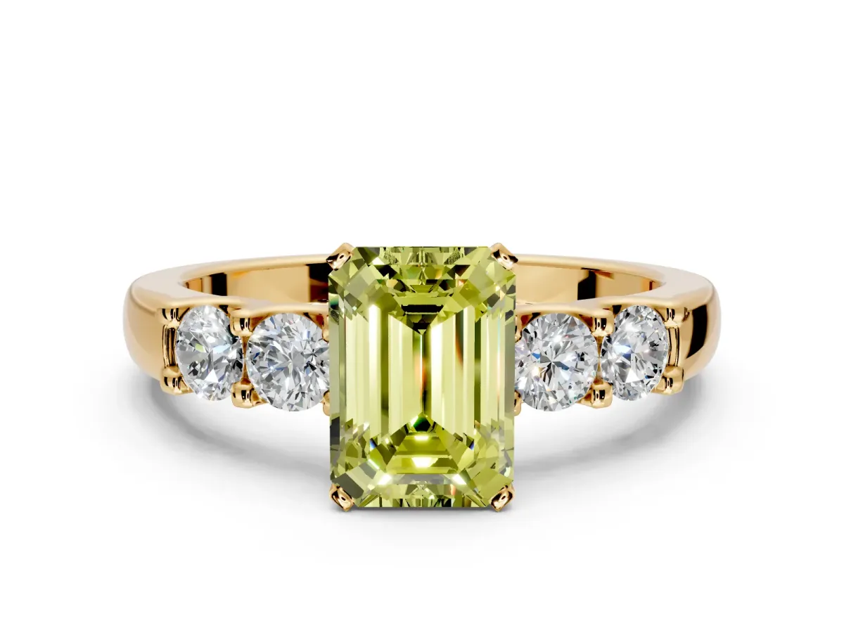 5 Stone Engagement Ring Setting for Fancy Yellow Emerald Cut Center with Plain Band and Prong Head in Yellow Gold