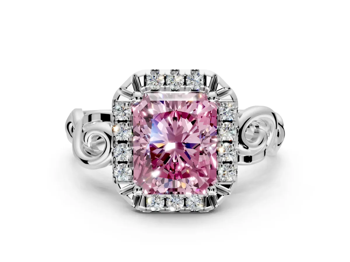 Halo Engagement Ring Setting for Fancy Pink Radiant Cut Center with Open Scroll Shoulders and Prong Head in Sterling Silver