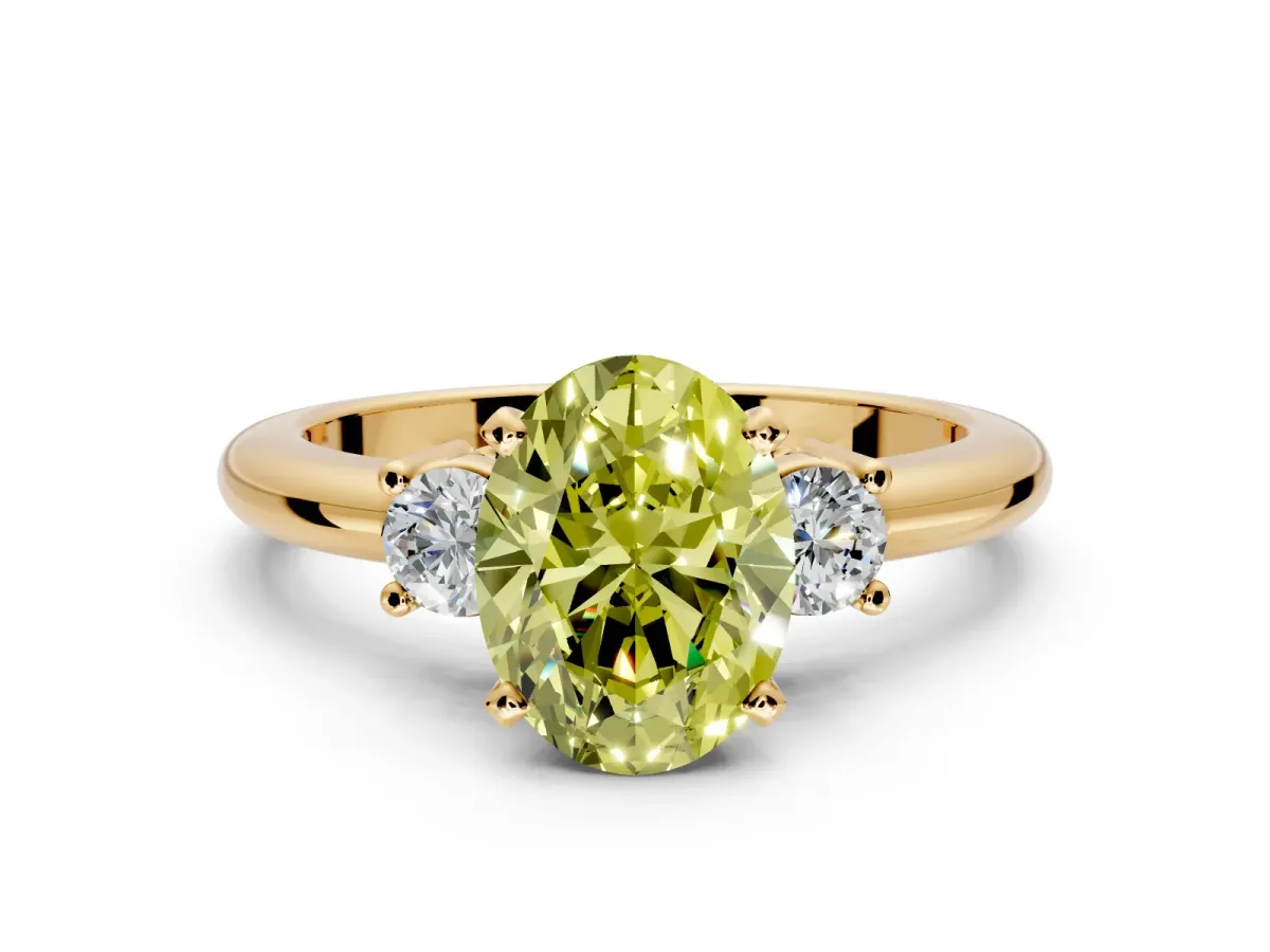 3 Stone Engagement Ring Setting for Fancy Yellow Oval Center with Wide Plain Band and Prong Head in Yellow Gold