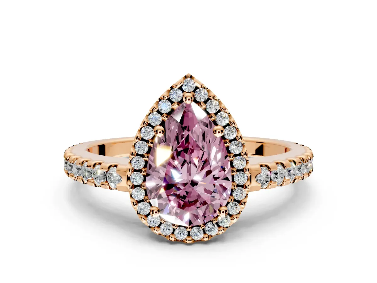 Accent Halo Engagement Ring Setting for Fancy Pink Pear-Shaped Center with Full-Length Pave Band and Prong Head in Rose Gold