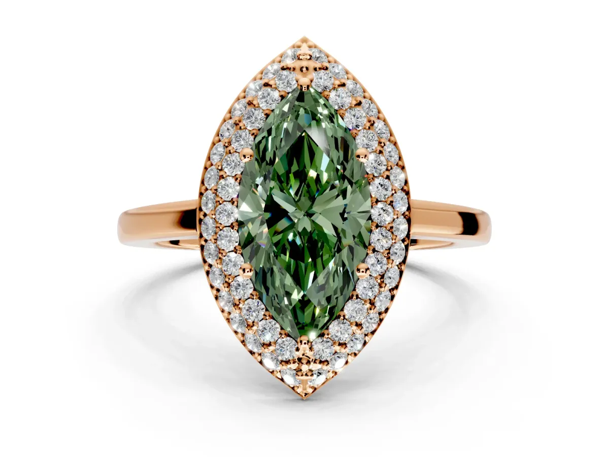 Halo Engagement Ring Setting for Fancy Green Marquise Center with Plain Tapered Band and Prong Head in Rose Gold
