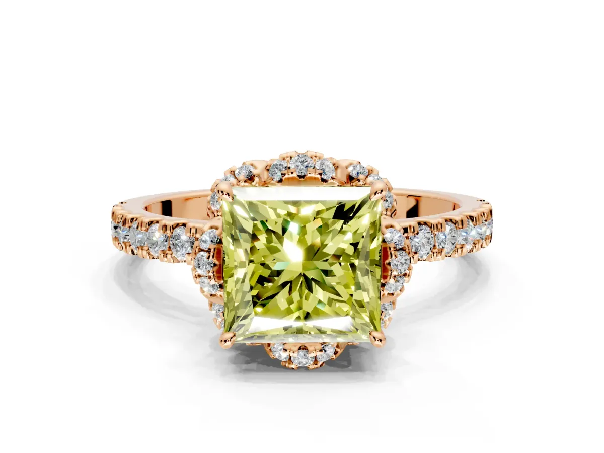 Halo Engagement Ring Setting for Fancy Yellow Princess Cut Center with Openwork Halo, Pave Band and Prong Head in Rose Gold