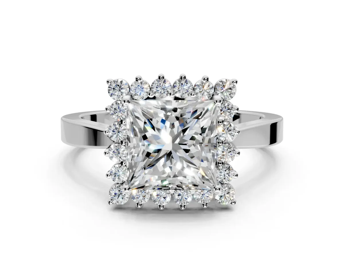 Starburst Halo Engagement Ring Setting for Princess Cut Center with Flat Cathedral Band and Prong Head in Platinum