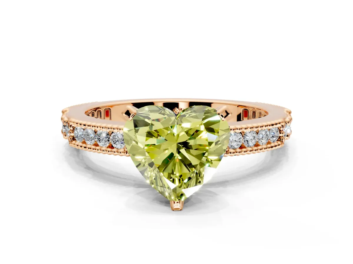 Solitaire Engagement Ring Setting for Fancy Yellow Heart-Shaped Center with Milgrain-Edged Pave Band and Prong Head in Rose Gold