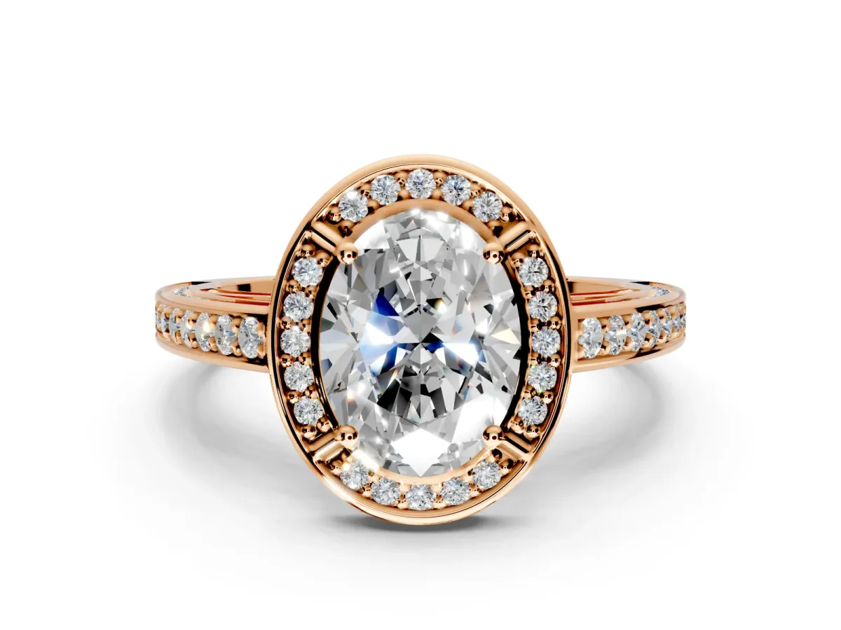 Halo Engagement Ring Setting for Oval Center with Framed Halo, Pave Band and Prong Head in Rose Gold