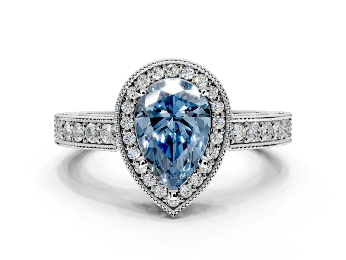 Milgrain Halo Engagement Ring Setting for Fancy Blue Pear-Shaped Center with Wide Pave Band and Prong Head in White Gold