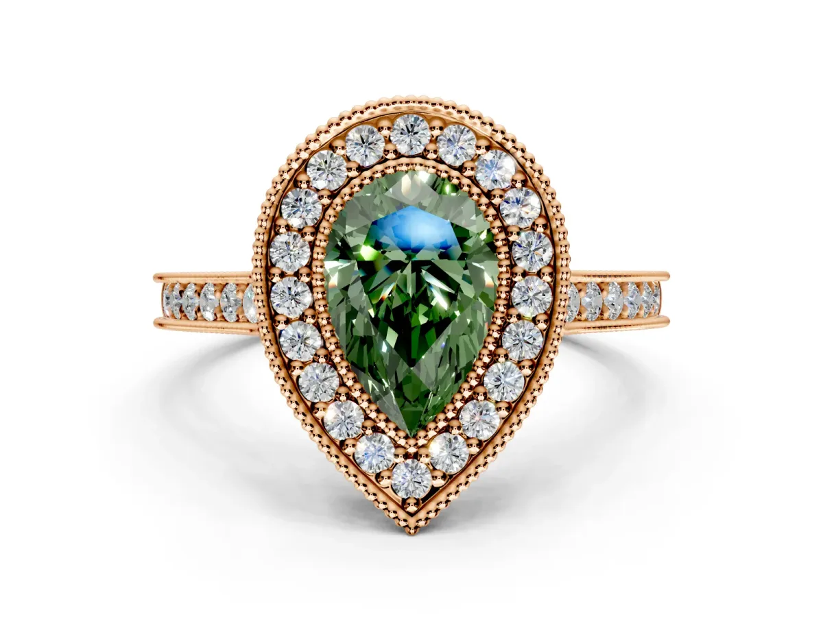 Halo Engagement Ring Setting for Fancy Green Pear-Shaped Center with Milgrain Pave Band and Bezel Head in Rose Gold