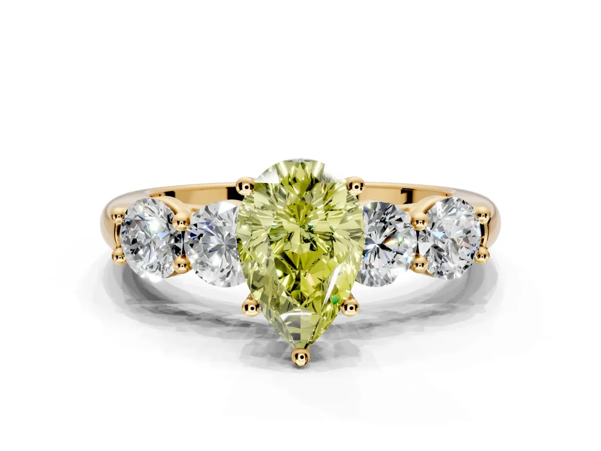 5 Stone Engagement Ring Setting for Fancy Yellow Pear-Shaped Center with Graduated Accents and Prong Head in Yellow Gold