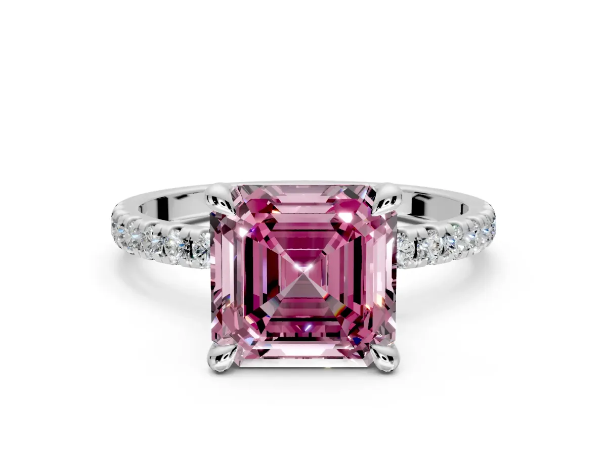 Solitaire Engagement Ring Setting for Fancy Pink Asscher Cut Center with Fine Pave Narrow Band and Prong Head in Platinum