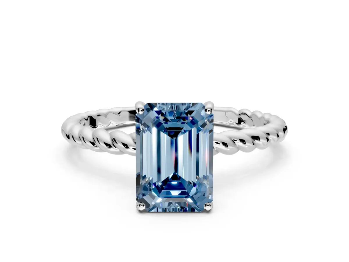 Solitaire Engagement Ring Setting for Fancy Blue Emerald Cut Center with Plain Twisted Rope Band and Prong Head in Sterling Silver