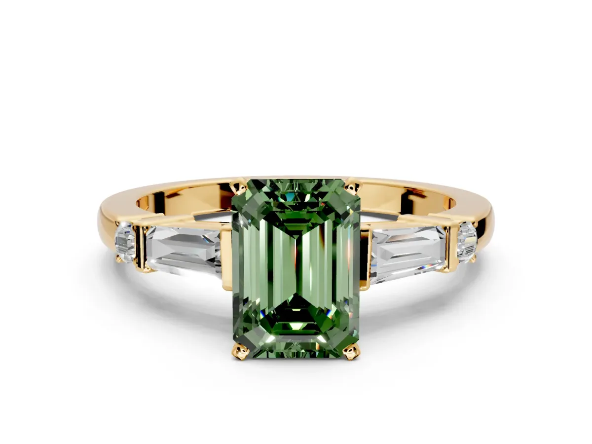 Bar-Set Engagement Ring Setting for Fancy Green Emerald Cut Center with Tapered Baguette Accents and Prong Head in Yellow Gold