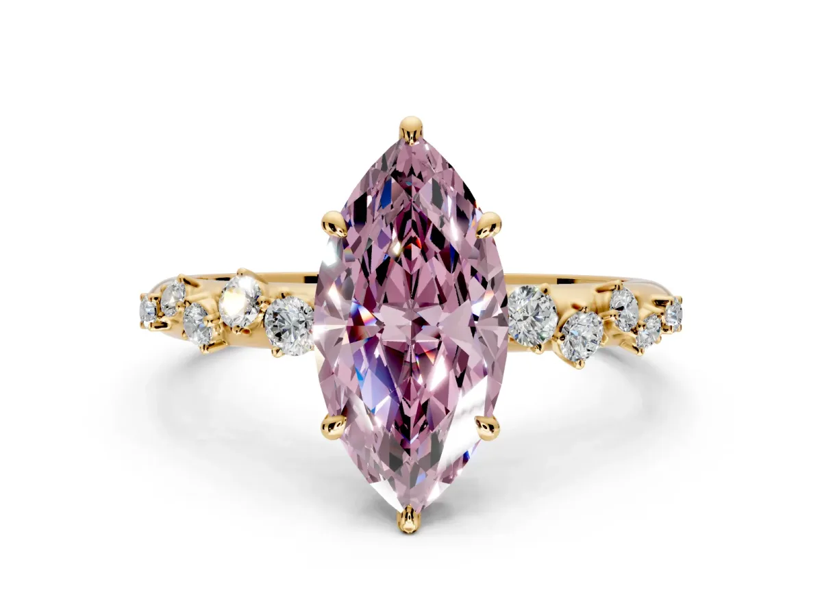 Cluster Engagement Ring Setting for Fancy Pink Marquise Center with Round Cut Accent Band and Prong Head in Yellow Gold
