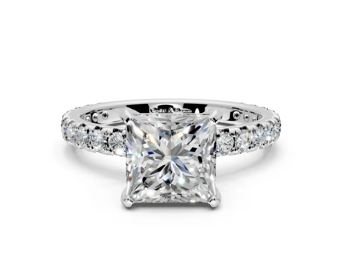 Solitaire Engagement Ring Setting for Princess Cut Center with Shared-Prong Accents and Prong Head in Platinum